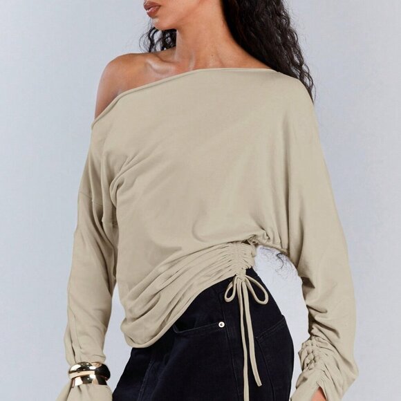 Apricot Casual Women's Asymmetric Collar Drawstring Top - Picture 2 of 7